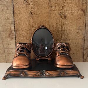 Decorative Copper-Tone Baby Shoes with Convex Glass Photo Frame